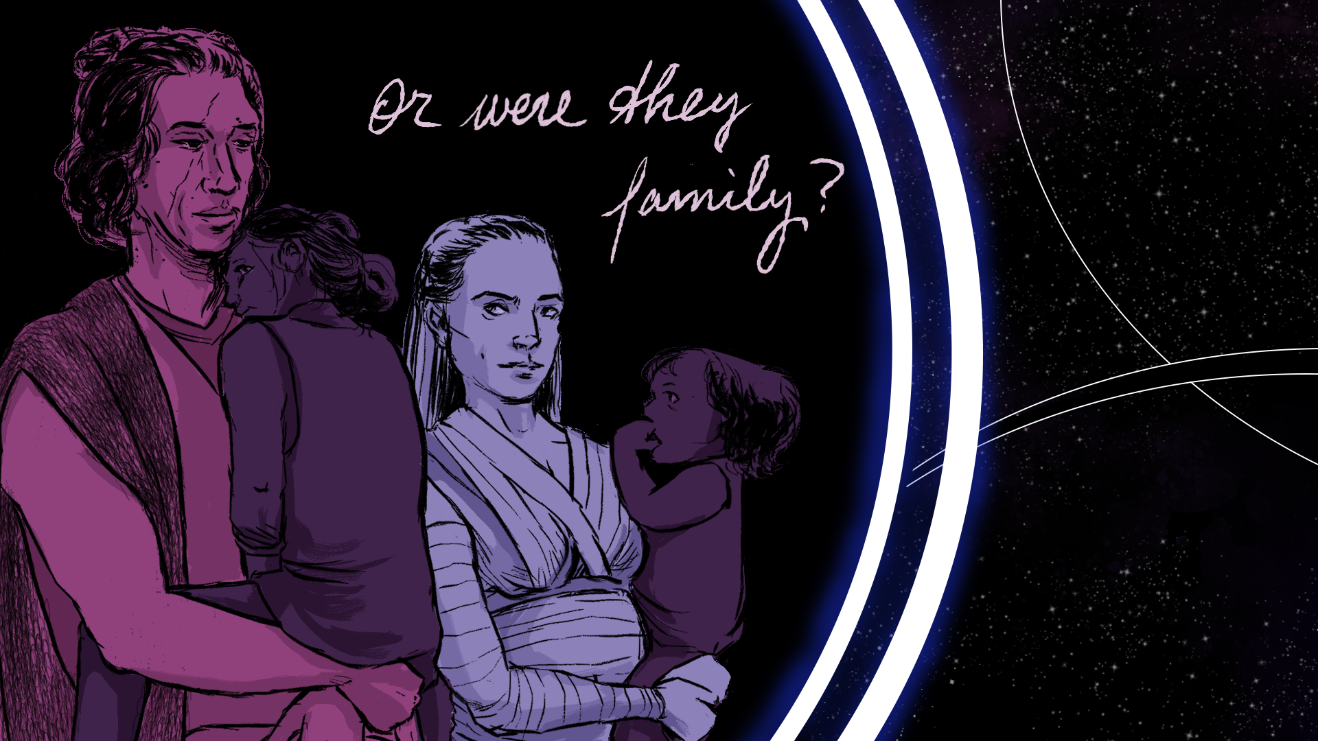 Framed in a glowing doorway in the World Between Worlds: Ben and Rey as adults, each holding a child. Rey is visibly pregnant. Ben's hair is pulled back. Text: "Or were they family?"