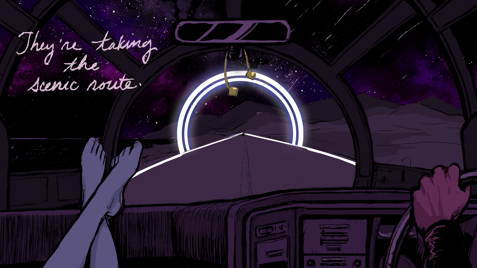 Interior of a right-hand drive vintage car. The windshield is the Millennium Falcon's. Han's dice dangle from the rearview mirror. Rey's feet propped on the dash. Ben's hand on the wheel. Above: a brilliant night sky with shooting stars. To the left, a black sea. To the right, distant mountains. Straight ahead: the road, limned with light, and a glowing circular gate from the World Between Worlds.