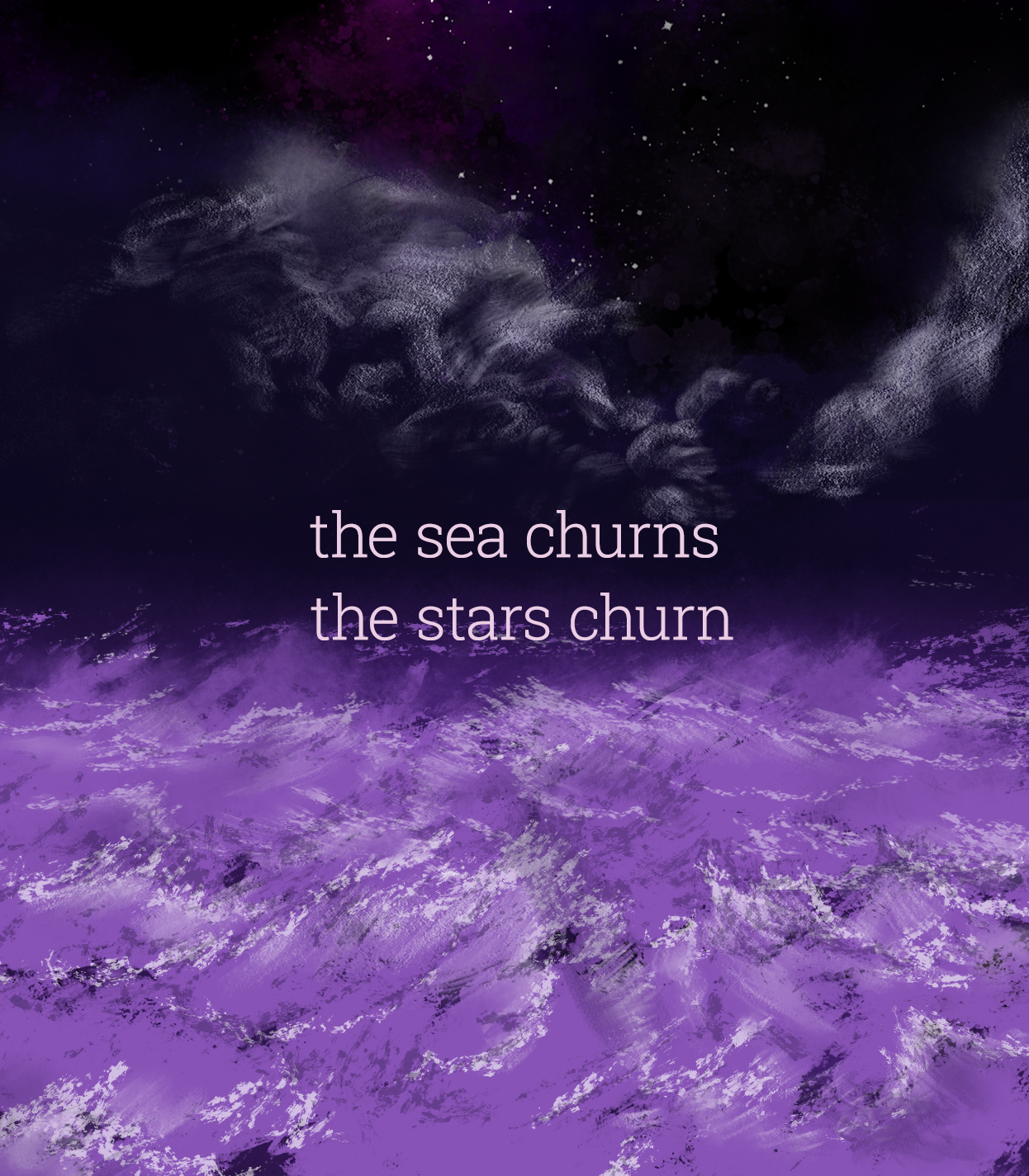 The sea churns. The stars churn. A violet ocean foregrounds violent storm clouds, and above it all, the stars shine.